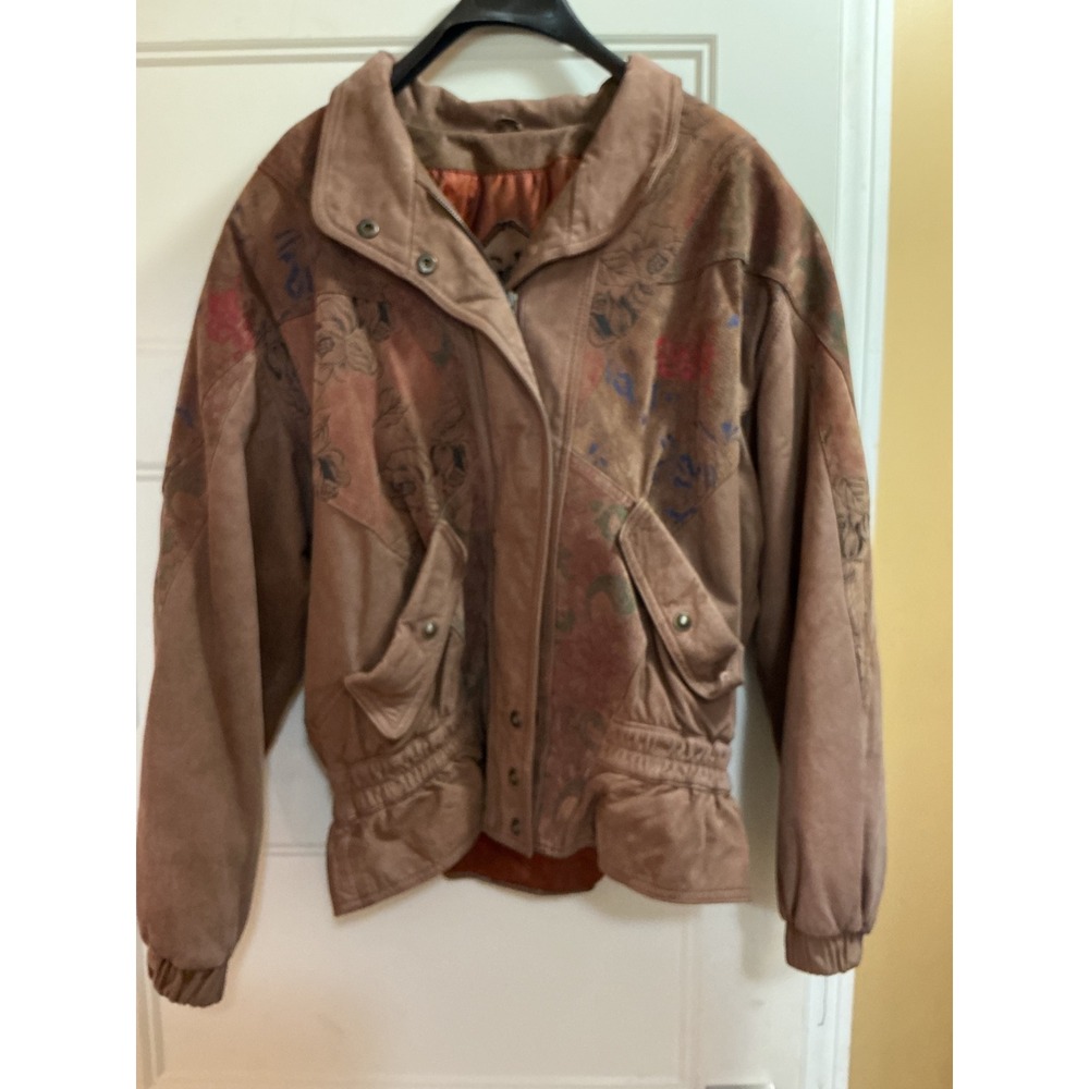 Vintage G-III Brown Leather Hand Painted Floral Bomber Jacket Women Large